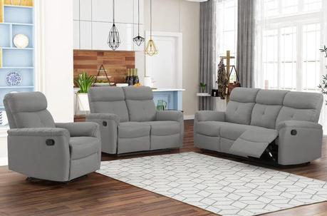 Grey Linen Reclining Sofa Set | loveseat | love seat | reclining furniture | furniture near me | sofa set near london ontario canada | reclining sofa set | reclining seat | reclining love seat | sofa set near london ontario canada